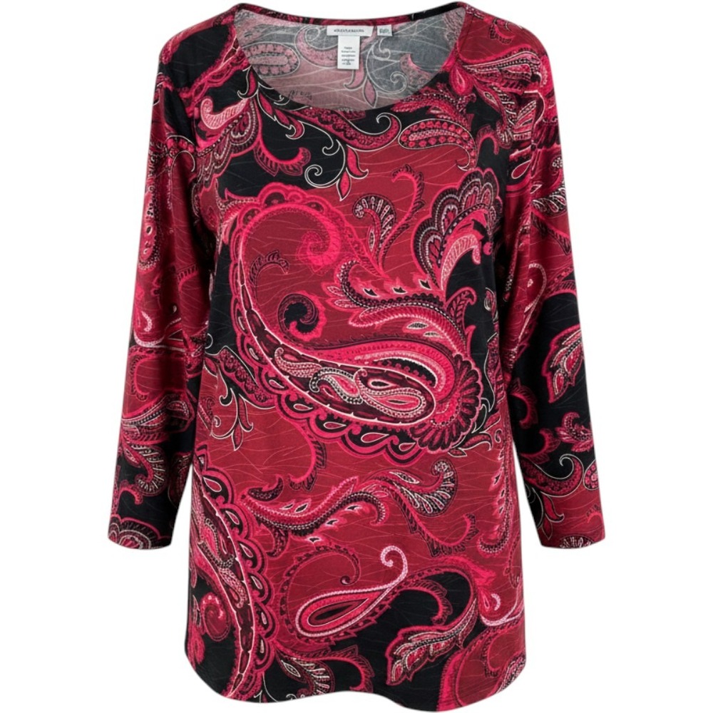 Croft & Barrow Top Womens XXL Red Paisley Boho Tunic Liquid Stretch Artsy Blouse